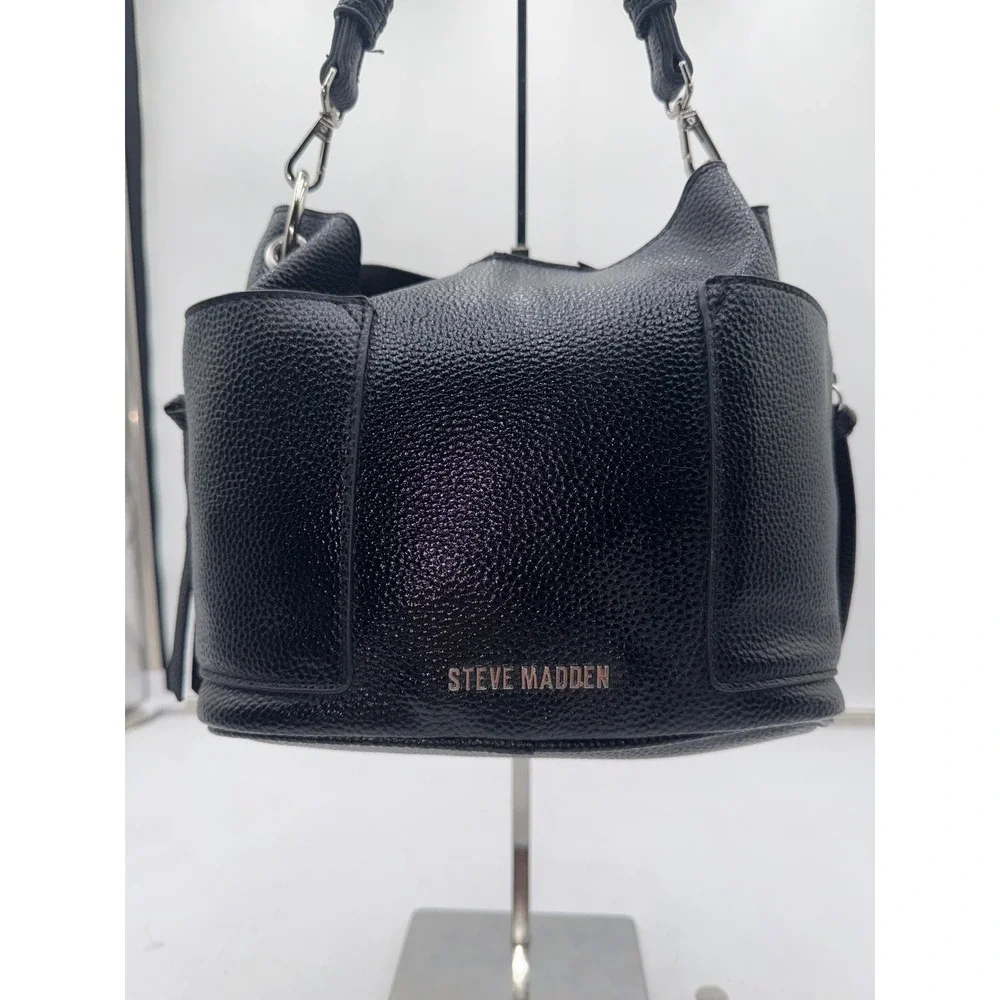 Steve Madden Black Pebbled Vegan Leather Studded Handle Hobo Bucket Bag